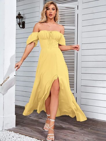 Women's Summer Puff Sleeve Floral Split Maxi Dress Flowy A Line Casual Beach Long Dresses 2024 in Saudi Arabia