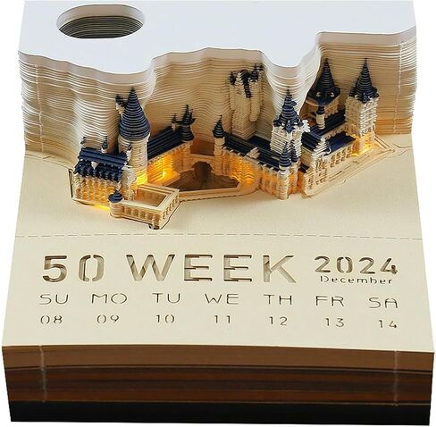 2024 Desk Calendar Memo Pad, Gonoce 3D Magic Castle Creative Time Piece Notepad with Lights and Pen Holder, 3D Memo Pad Decoration Gift in Saudi Arabia