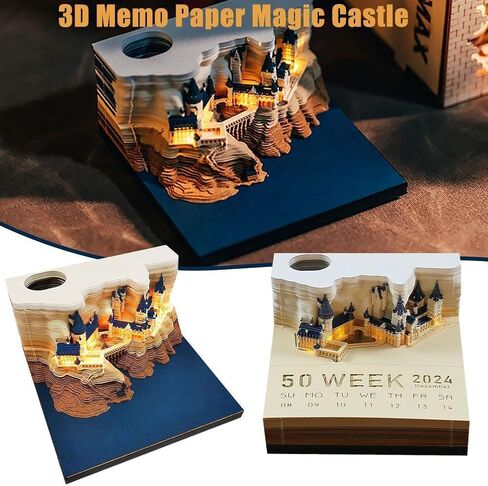 2024 Desk Calendar Memo Pad, Gonoce 3D Magic Castle Creative Time Piece Notepad with Lights and Pen Holder, 3D Memo Pad Decoration Gift in Saudi Arabia