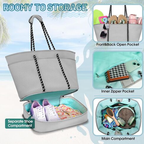RAINSMORE Neoprene Beach Bags for Women 40L Waterproof Sandproof Travel Beach Tote Bag with Shoe Compartment Swim Pool Bag in Saudi Arabia