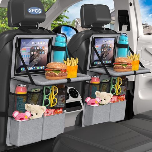Car Backseat Organizer with Tablet Holder,11 Storage Pockets with Foldable Food Tray, Protector Kick Mats for Kids, Travel Accessories Organizer -Gray 2 Pack in Saudi Arabia