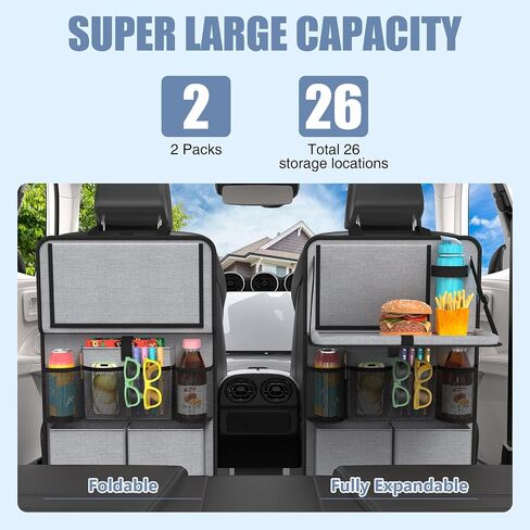 Car Backseat Organizer with Tablet Holder,11 Storage Pockets with Foldable Food Tray, Protector Kick Mats for Kids, Travel Accessories Organizer -Gray 2 Pack in Saudi Arabia