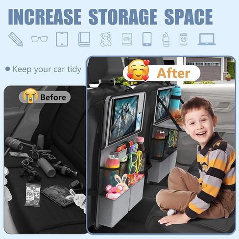 Car Backseat Organizer with Tablet Holder,11 Storage Pockets with Foldable Food Tray, Protector Kick Mats for Kids, Travel Accessories Organizer -Gray 2 Pack in Saudi Arabia