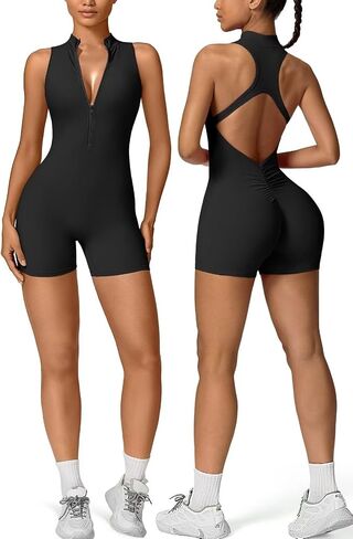 Vertvie Workout Jumpsuits for Women Zip Up Tummy Control Sleeveless One Piece Rompers Shorts V Back Scrunch Yoga Bodysuit in Saudi Arabia