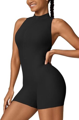 Vertvie Workout Jumpsuits for Women Zip Up Tummy Control Sleeveless One Piece Rompers Shorts V Back Scrunch Yoga Bodysuit in Saudi Arabia