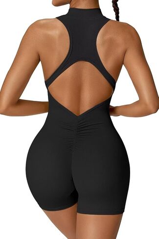 Vertvie Workout Jumpsuits for Women Zip Up Tummy Control Sleeveless One Piece Rompers Shorts V Back Scrunch Yoga Bodysuit in Saudi Arabia