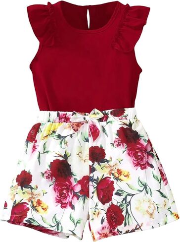 SHENHE Girl's 2 Piece Outfits Floral Butterfly Sleeve Crewneck Blouse and Shorts Set in Saudi Arabia