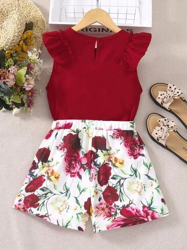 SHENHE Girl's 2 Piece Outfits Floral Butterfly Sleeve Crewneck Blouse and Shorts Set in Saudi Arabia