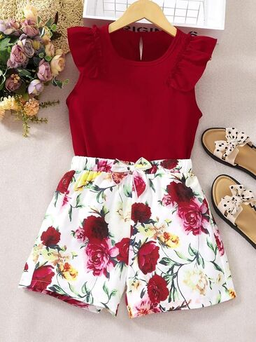 SHENHE Girl's 2 Piece Outfits Floral Butterfly Sleeve Crewneck Blouse and Shorts Set in Saudi Arabia