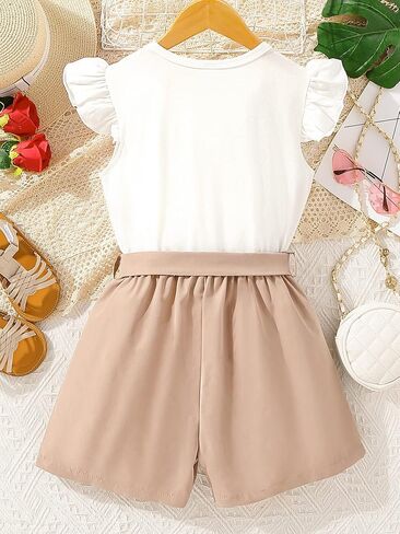 SHENHE Girl's 2 Piece Outfits Floral Butterfly Sleeve Crewneck Blouse and Shorts Set in Saudi Arabia
