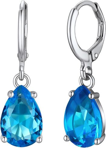 Suplight Sterling Silver Birthstone Drop Earrings for Women with Rectangular Baguette/Teardrop Crystal Huggie Hoop Dangle Silver Earring Jewelry for Birthday Wedding in Saudi Arabia