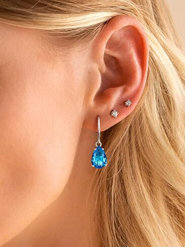 Suplight Sterling Silver Birthstone Drop Earrings for Women with Rectangular Baguette/Teardrop Crystal Huggie Hoop Dangle Silver Earring Jewelry for Birthday Wedding in Saudi Arabia