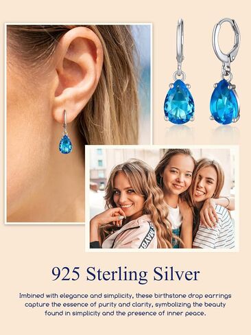 Suplight Sterling Silver Birthstone Drop Earrings for Women with Rectangular Baguette/Teardrop Crystal Huggie Hoop Dangle Silver Earring Jewelry for Birthday Wedding in Saudi Arabia