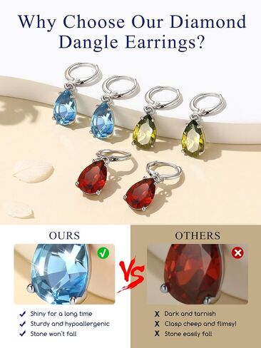 Suplight Sterling Silver Birthstone Drop Earrings for Women with Rectangular Baguette/Teardrop Crystal Huggie Hoop Dangle Silver Earring Jewelry for Birthday Wedding in Saudi Arabia