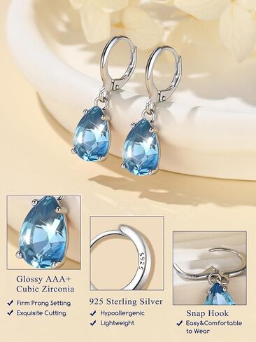 Suplight Sterling Silver Birthstone Drop Earrings for Women with Rectangular Baguette/Teardrop Crystal Huggie Hoop Dangle Silver Earring Jewelry for Birthday Wedding in Saudi Arabia