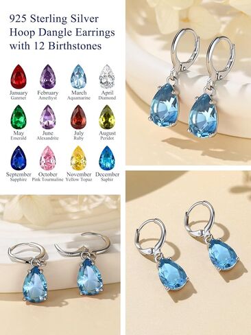 Suplight Sterling Silver Birthstone Drop Earrings for Women with Rectangular Baguette/Teardrop Crystal Huggie Hoop Dangle Silver Earring Jewelry for Birthday Wedding in Saudi Arabia