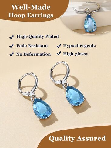 Suplight Sterling Silver Birthstone Drop Earrings for Women with Rectangular Baguette/Teardrop Crystal Huggie Hoop Dangle Silver Earring Jewelry for Birthday Wedding in Saudi Arabia