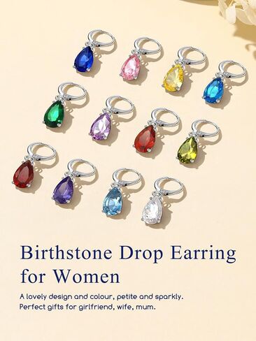 Suplight Sterling Silver Birthstone Drop Earrings for Women with Rectangular Baguette/Teardrop Crystal Huggie Hoop Dangle Silver Earring Jewelry for Birthday Wedding in Saudi Arabia