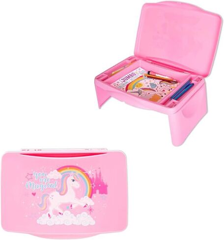 مكتب لاب توب للأطفال من بيبي بوم فنهاوس يونيكورن مع مساحة تخزين - غطاء قابل للطي وتصميم قابل للطي - محمول للسفر أو الاستخدام في السرير في المنزل - رائع للكتابة أو القراءة أو الأنشطة المدرسية الأخرى، وردي in Kuwait