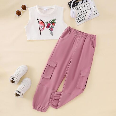 Girls Clothes Summer Outfits Sleeveless Casual Butterfly Print Crop Tank Tops+ Wide Leg Cargo Pants with Pocket 7-14Y in Saudi Arabia