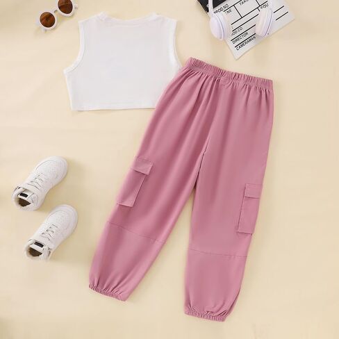 Girls Clothes Summer Outfits Sleeveless Casual Butterfly Print Crop Tank Tops+ Wide Leg Cargo Pants with Pocket 7-14Y in Saudi Arabia