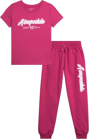 AEROPOSTALE Girls' Activewear Set - Short Sleeve Jersey Cotton Shirt & Fleece Jogger Pants - 2 Piece Girls Sweatsuit, 7-16 in Saudi Arabia