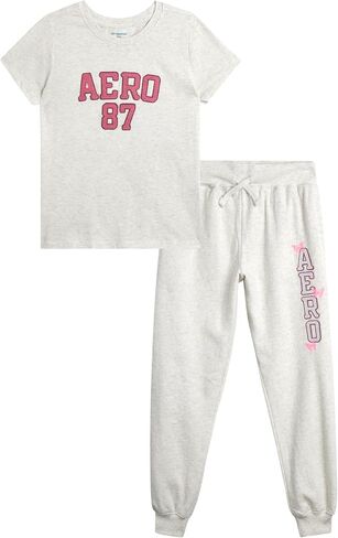 AEROPOSTALE Girls' Activewear Set - Short Sleeve Jersey Cotton Shirt & Fleece Jogger Pants - 2 Piece Girls Sweatsuit, 7-16 in Saudi Arabia