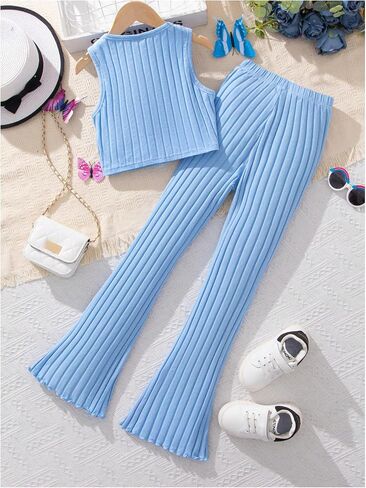 SweatyRocks Girl's Two Piece Outfits Butterfly Embroidery Tank Top and Flare Pant Clothing Sets in Saudi Arabia