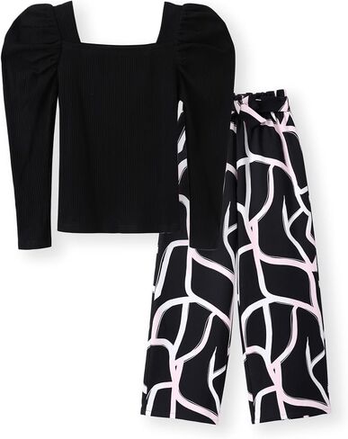 PATPAT Girls Outfits Sets Square Neck Puff Long Sleeve Top and Wide Leg Pant 2 Pieces Fall Outfits Size 5-14Y in Saudi Arabia