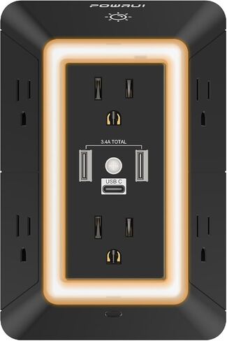واقي عرام منافذ التوصيل المتعددة - موسع منافذ POWRUI 6 مع 3 منافذ USB (1 USB C) وإضاءة ليلية، شريط طاقة ثلاثي الجوانب مع منافذ محول متباعدة - أبيض، مدرج في قائمة ETL in Kuwait