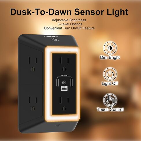 واقي عرام منافذ التوصيل المتعددة - موسع منافذ POWRUI 6 مع 3 منافذ USB (1 USB C) وإضاءة ليلية، شريط طاقة ثلاثي الجوانب مع منافذ محول متباعدة - أبيض، مدرج في قائمة ETL in Kuwait
