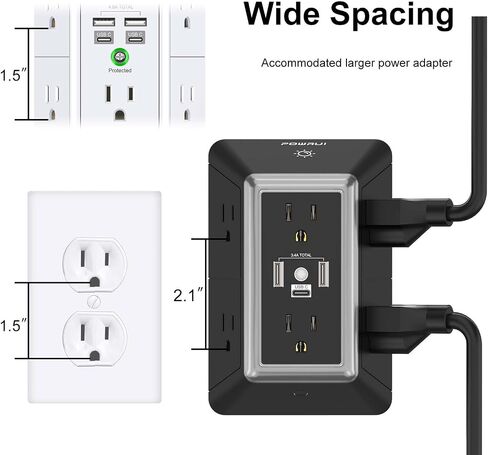 واقي عرام منافذ التوصيل المتعددة - موسع منافذ POWRUI 6 مع 3 منافذ USB (1 USB C) وإضاءة ليلية، شريط طاقة ثلاثي الجوانب مع منافذ محول متباعدة - أبيض، مدرج في قائمة ETL in Kuwait