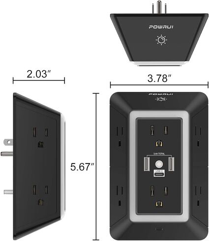 واقي عرام منافذ التوصيل المتعددة - موسع منافذ POWRUI 6 مع 3 منافذ USB (1 USB C) وإضاءة ليلية، شريط طاقة ثلاثي الجوانب مع منافذ محول متباعدة - أبيض، مدرج في قائمة ETL in Kuwait