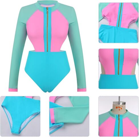 AFAVOM Womens Rash Guard One Piece Swimsuit Beach Surfing Sexy Bathing Suit Zip Front Color Block Tummy Control Swimwear in Saudi Arabia