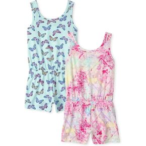 The Children's Place Girls' Sleeveless Summer Rompers, Bandana Tie Dye/Baby Pink 2-Pack, X-Large