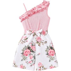 WDIRARA Girl's Floral Print One Shoulder Ruffle Hem Mini Romper Belted Asymmetrical Neck Jumpsuit
