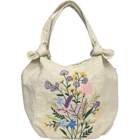 Embroidered Handbags for Women, Colorful Flower Shoulder Tote Bag with Zipper Fabric Hobo Bags, Mother's Day Bag