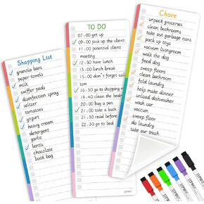 JJPRO Reusable Colorful to-Do List Whiteboard Stickers 4"x 11" 3 Pack for All Smooth Surfaces-Nonmagnetic Planner Sticks to Stainless Steel Fridge,Cabinet,Door and Glass