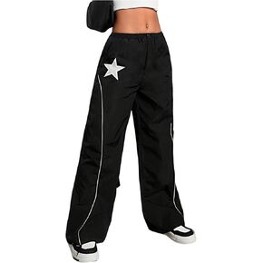 OYOANGLE Girl's Star Print Drawstring Elastic Waist Cargo Pants Low Waist Wide Leg Baggy Pants