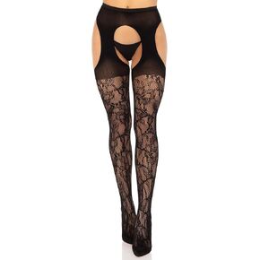 Leg Avenue Eyelet rose lace suspender hose, O/S, BLACK