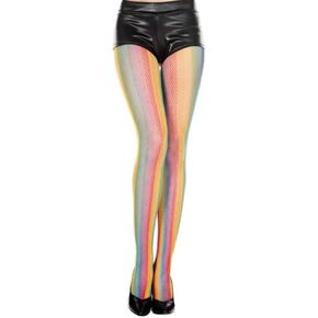 Women's Vertical Striped Rainbow Fishnet Tights, Multicoloured, One Size