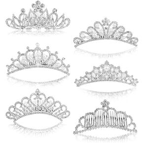 6 Pack Girls Tiara Crown, Silver Crystal Tiaras and Crowns with Comb, Elegant Princess Queen Rhinestone Headband Hair Accessories for Birthday Party, Proms, Gifts