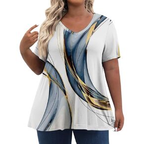 Plus Size Tops for Women Dressy Short Sleeve V Neck Shirts for Women Summer Tops for Women 2024 Floral Print Top