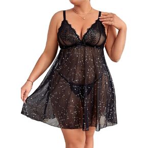 WDIRARA Women's Plus Size Lace Sheer Mesh Galaxy Print Lingerie Slip Dress with Thong