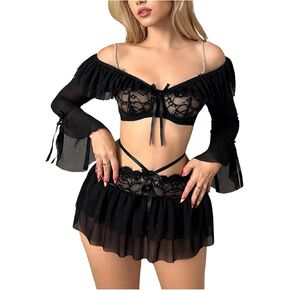 OYOANGLE Women's 3 Piece Mesh Lingerie Contrast Lace Cold Shoulder Crop Top and Mini Skirts with Thong