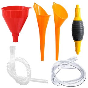 Automotive Oil Transfer Hand Pump with 200cm PVC Transparent Hose, 3 Pcs Multi-Purpose Funnel Set with 1 Spout Tube, Total 6 Pack