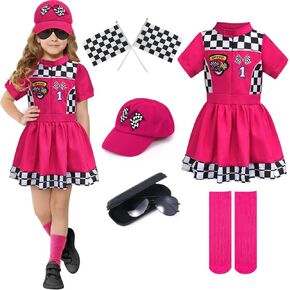 G.C 8pcs Girls Race Car Driver Costume Toddler Racing Suit Racer Dress Costumes Cap Socks Sunglasses Flags Halloween Dress up