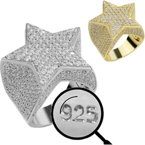 Solid 925 Sterling Silver - Large Men's Hip Hop Star Ring - Iced Flooded Out CZ Pinky Ring - Natural Silver Or 14k Gold Plated - Sz 6-13