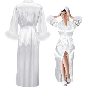 Bride Robe Satin Feather Robe Women Silk Kimono Robe with Ostrich Feather Trim Bridal Sleepwear for Wedding Party