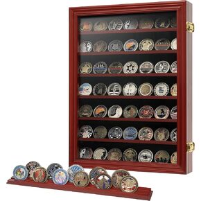 7 Rows Challenge Coin Display Case - Holds 100 Coins, Solid Wood Military Coin Holder Display Cabinet with HD Glass, Wall Mountable Shadow Box for Collectibles, Medals, Casino Chips, Walnut